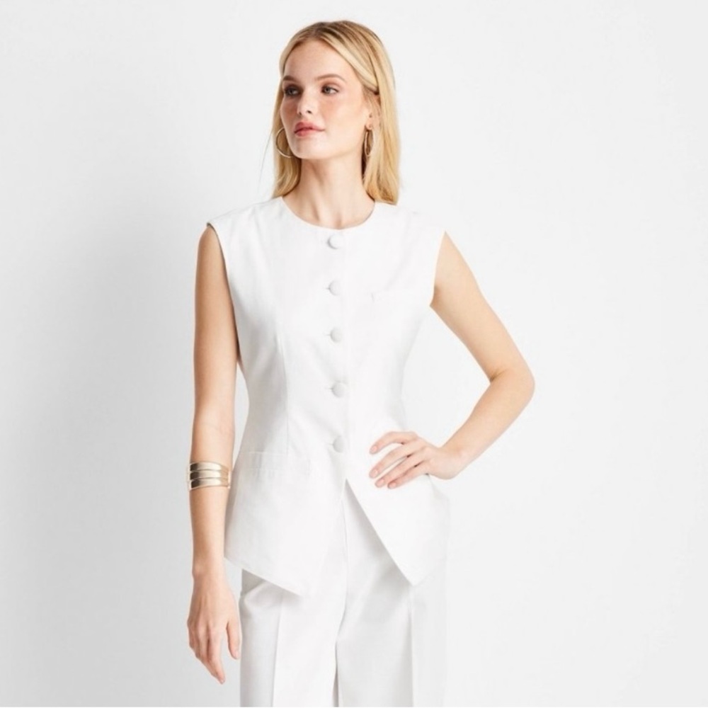 Future Collective Size 14 White Sleeveless Button-Front Waistcoat Vest